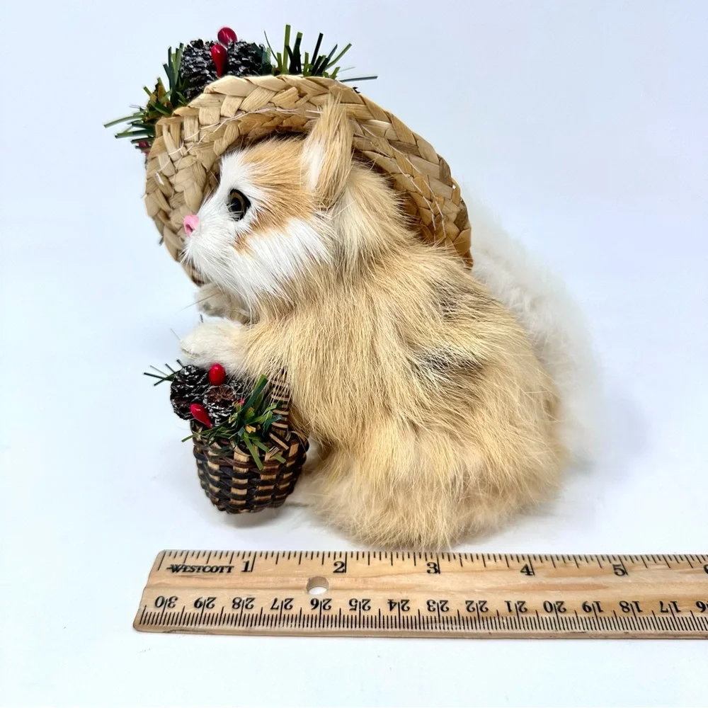 Vintage Miniature Real Fur Cat Figurine with Christmas Hat & Basket Buff White